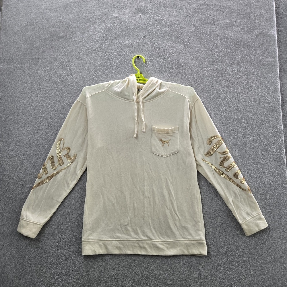 PINK Victoria's Secret Women Hoodie S Cream Logo Sequin Varsity Campus College